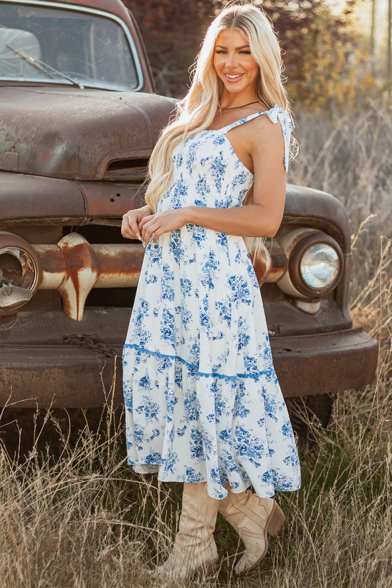 Sky Blue Floral Print Shirred Knot Shoulder Dress