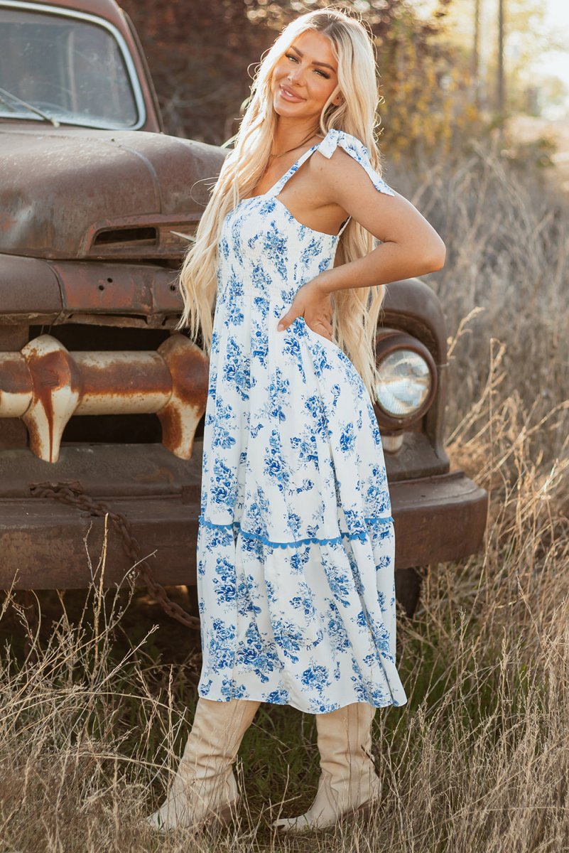 Sky Blue Floral Print Shirred Knot Shoulder Dress