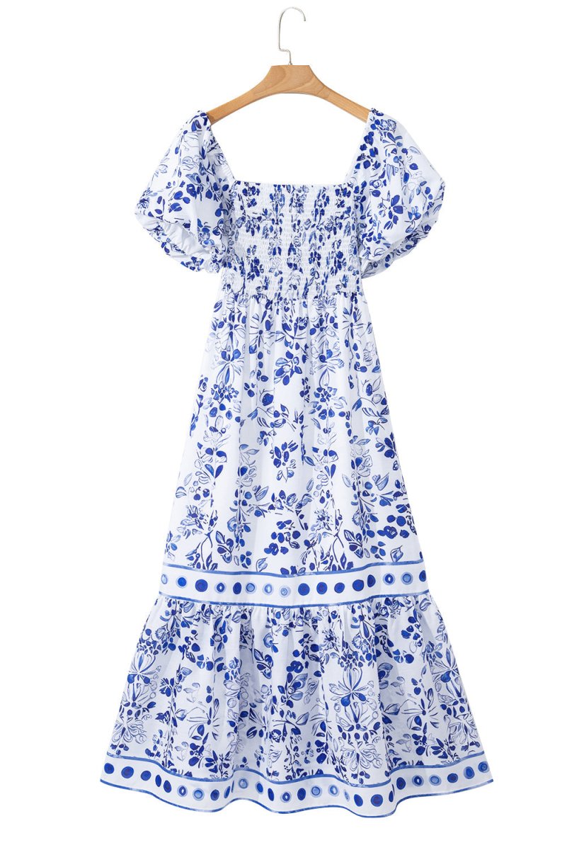 Sky Blue Floral Print Square Neck Bubble Sleeve Dress