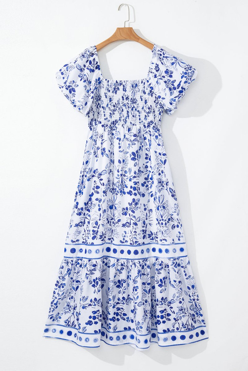 Sky Blue Floral Print Square Neck Bubble Sleeve Dress