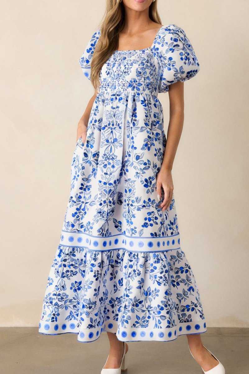 Sky Blue Floral Print Square Neck Bubble Sleeve Dress