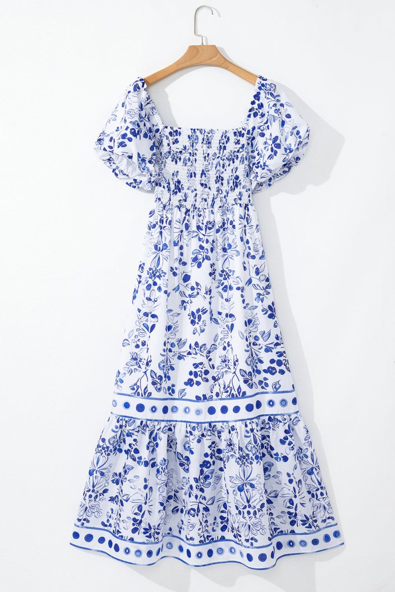 Sky Blue Floral Print Square Neck Bubble Sleeve Dress