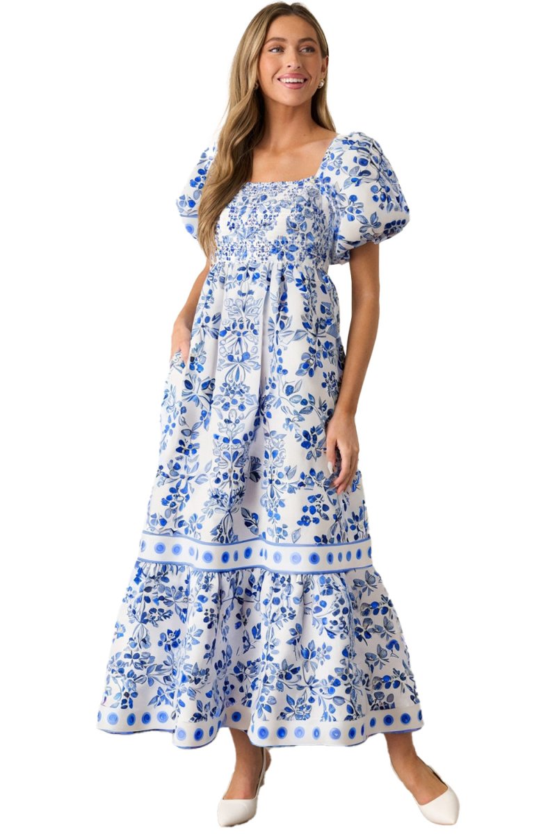 Sky Blue Floral Print Square Neck Bubble Sleeve Dress