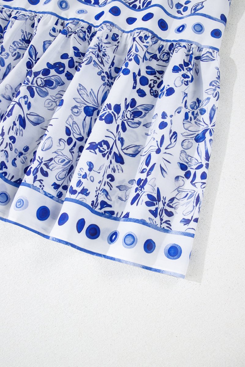 Sky Blue Floral Print Square Neck Bubble Sleeve Dress