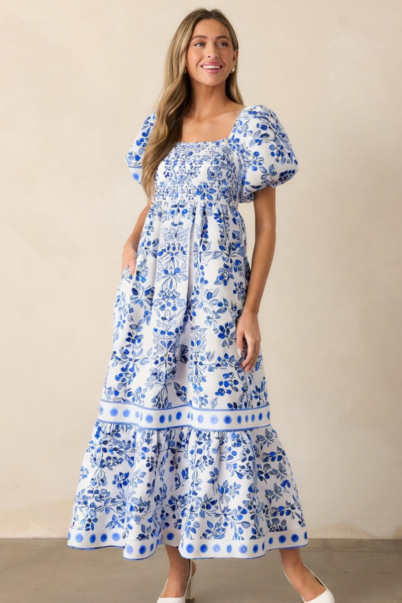 Sky Blue Floral Print Square Neck Bubble Sleeve Dress