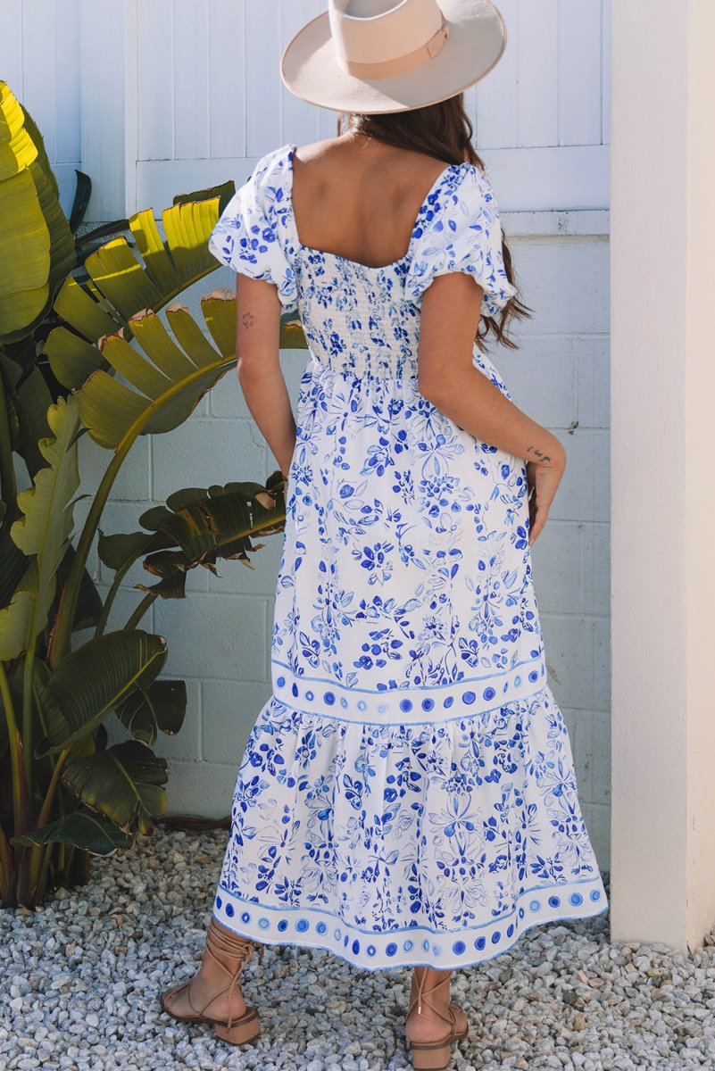 Sky Blue Floral Print Square Neck Bubble Sleeve Dress