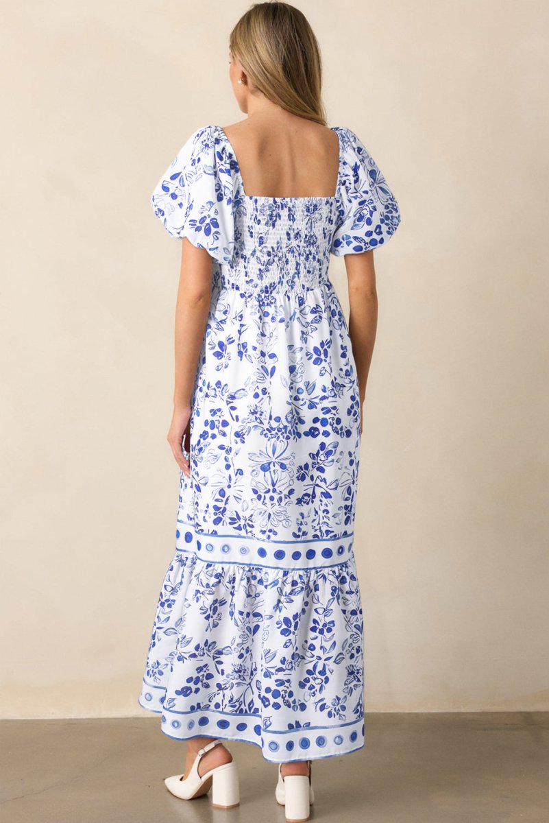 Sky Blue Floral Print Square Neck Bubble Sleeve Dress