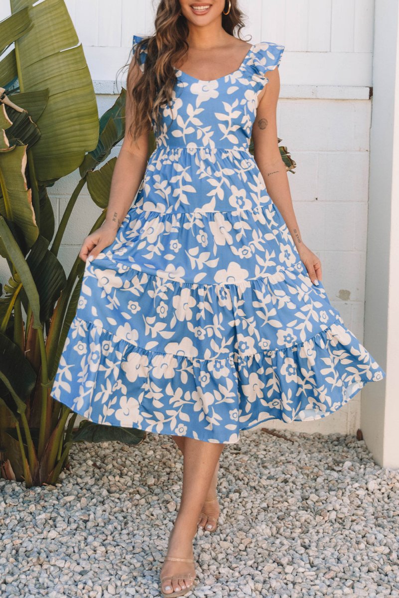 Sky Blue Floral U Neck Flutter Shoulder Tiered Flowy Dress