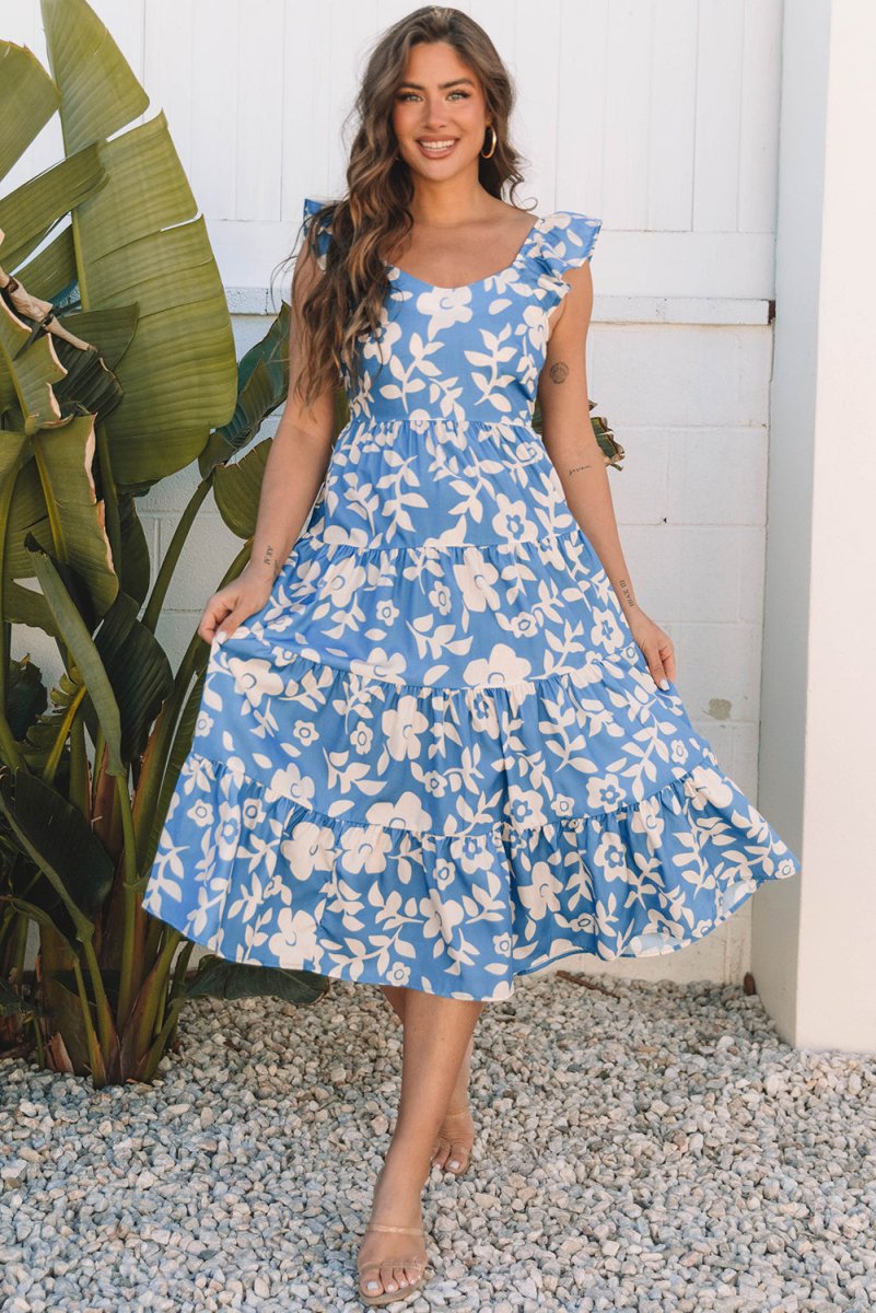 Sky Blue Floral U Neck Flutter Shoulder Tiered Flowy Dress