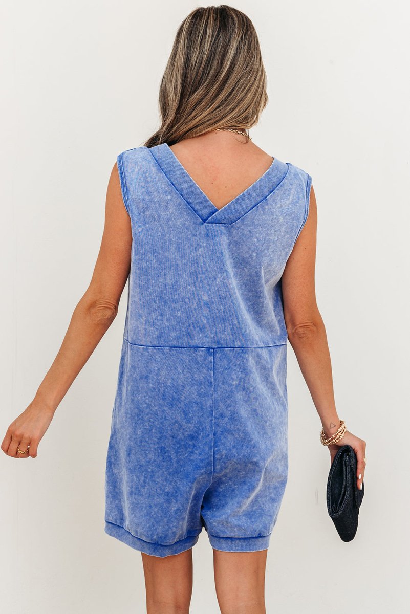 Sky Blue Mineral Wash Pocketed Sleeveless V Neck Loose Romper