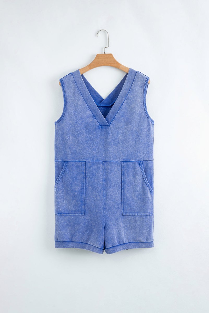 Sky Blue Mineral Wash Pocketed Sleeveless V Neck Loose Romper