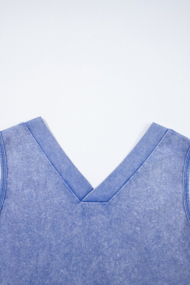 Sky Blue Mineral Wash Pocketed Sleeveless V Neck Loose Romper