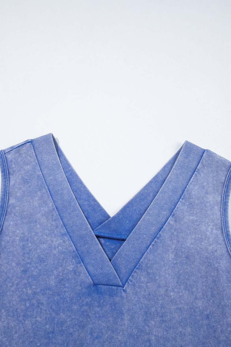 Sky Blue Mineral Wash Pocketed Sleeveless V Neck Loose Romper