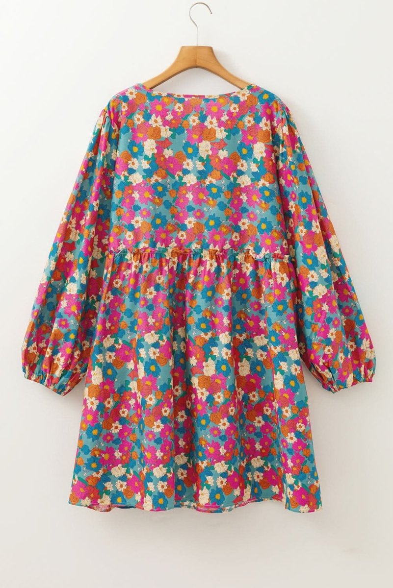 Sky Blue Plus Size Floral Print Shirred Ruffle Tiered Mini Dress