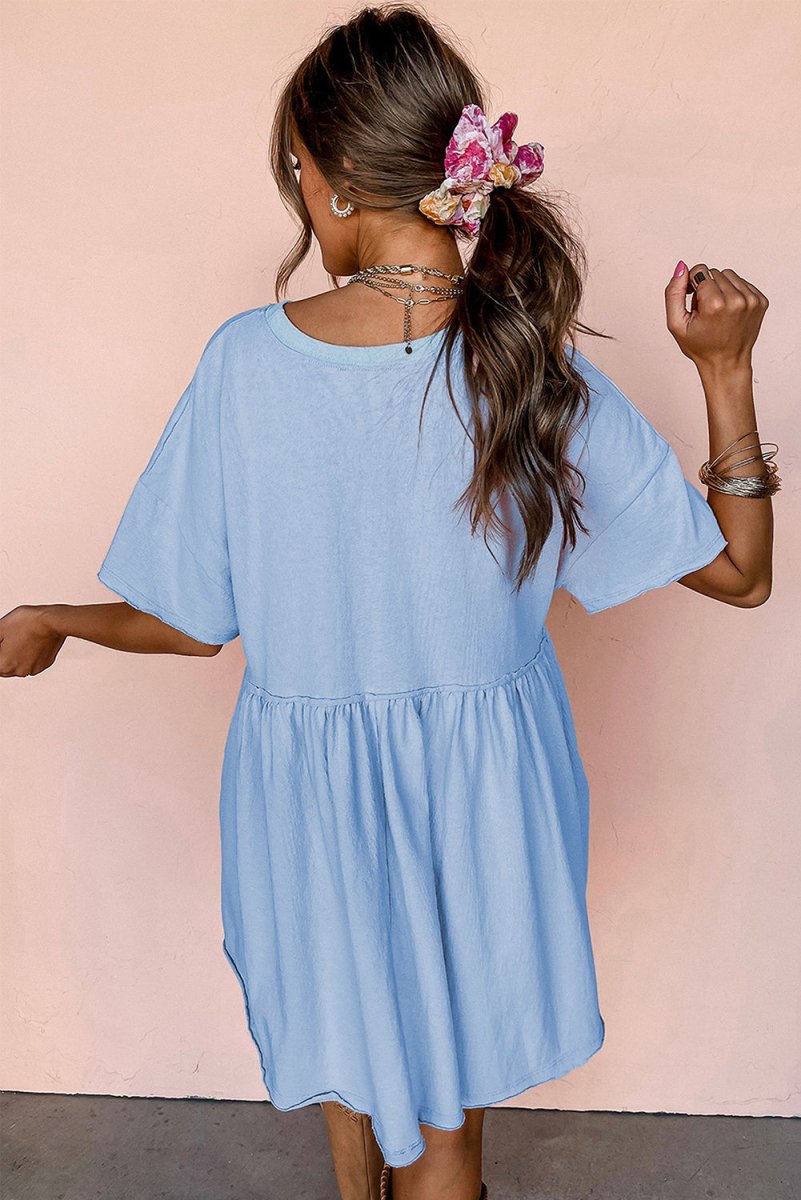 Sky Blue Solid Color Pocketed Raw Edge Babydoll Dress