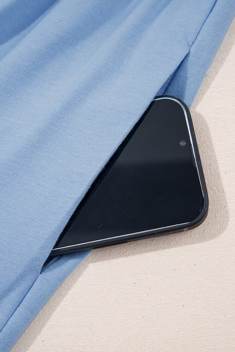 Sky Blue Solid Color Pocketed Raw Edge Babydoll Dress