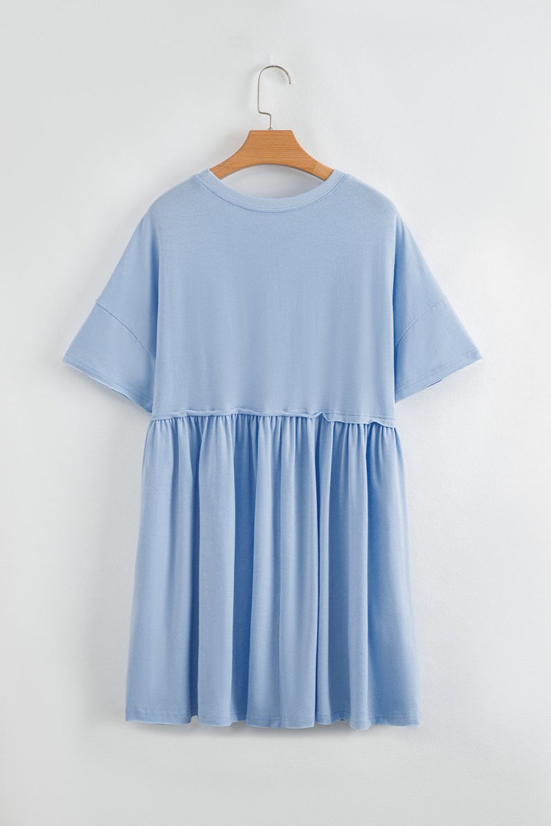 Sky Blue Solid Color Pocketed Raw Edge Babydoll Dress