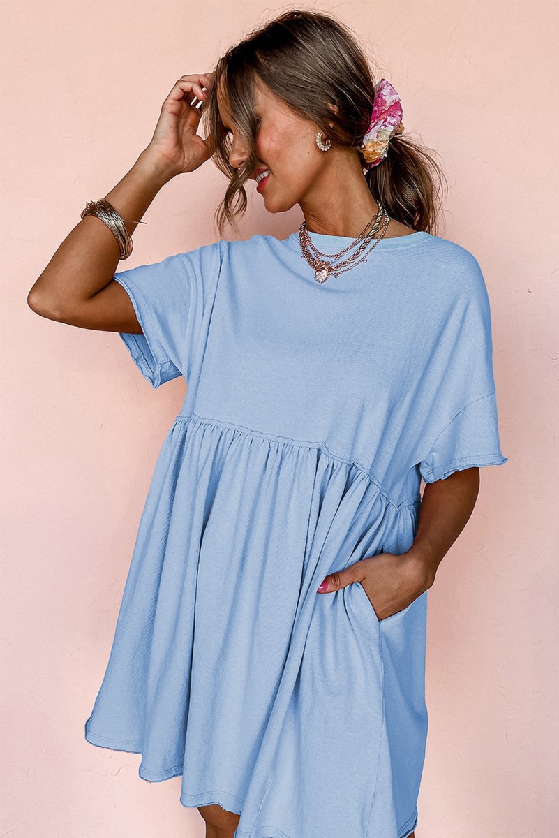 Sky Blue Solid Color Pocketed Raw Edge Babydoll Dress