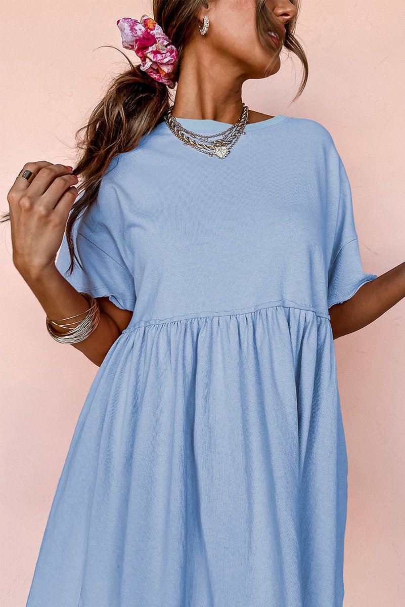 Sky Blue Solid Color Pocketed Raw Edge Babydoll Dress
