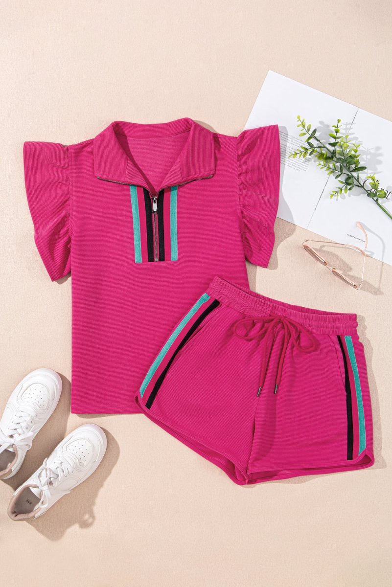 Strawberry Pink Striped Detail Flutter Sleeve Zipped Collar Short Set
