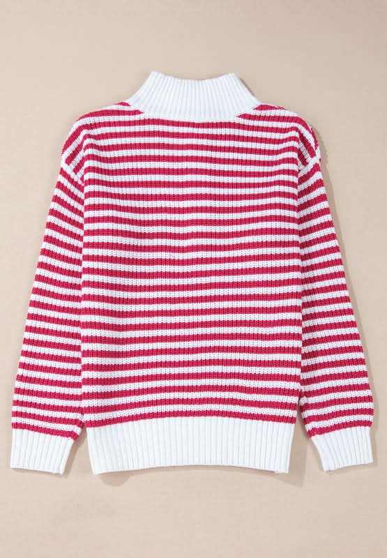 Striped Half Zip Mock Neck Long Sleeve Sweater