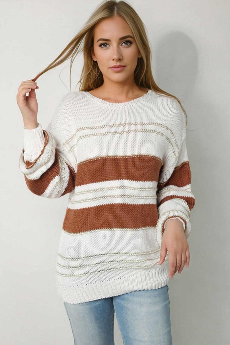 Striped Round Neck Dropped Shoulder Sweater