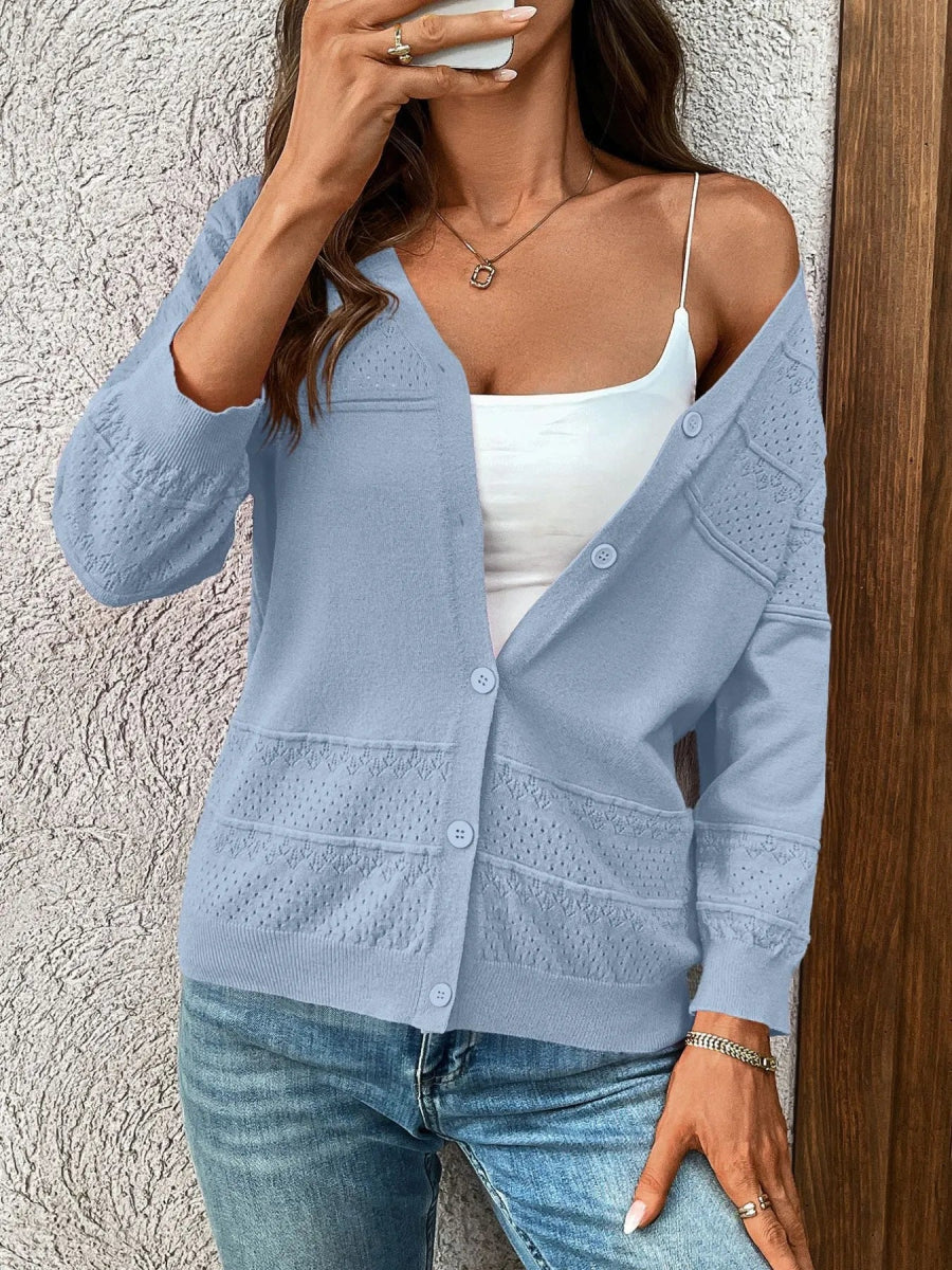 Textured Button-Front Cardigan with 3/4 Sleeves