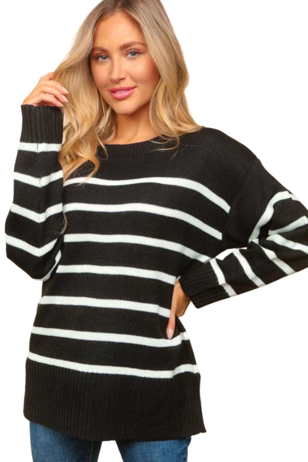 Modern Striped Side Slit Sweater