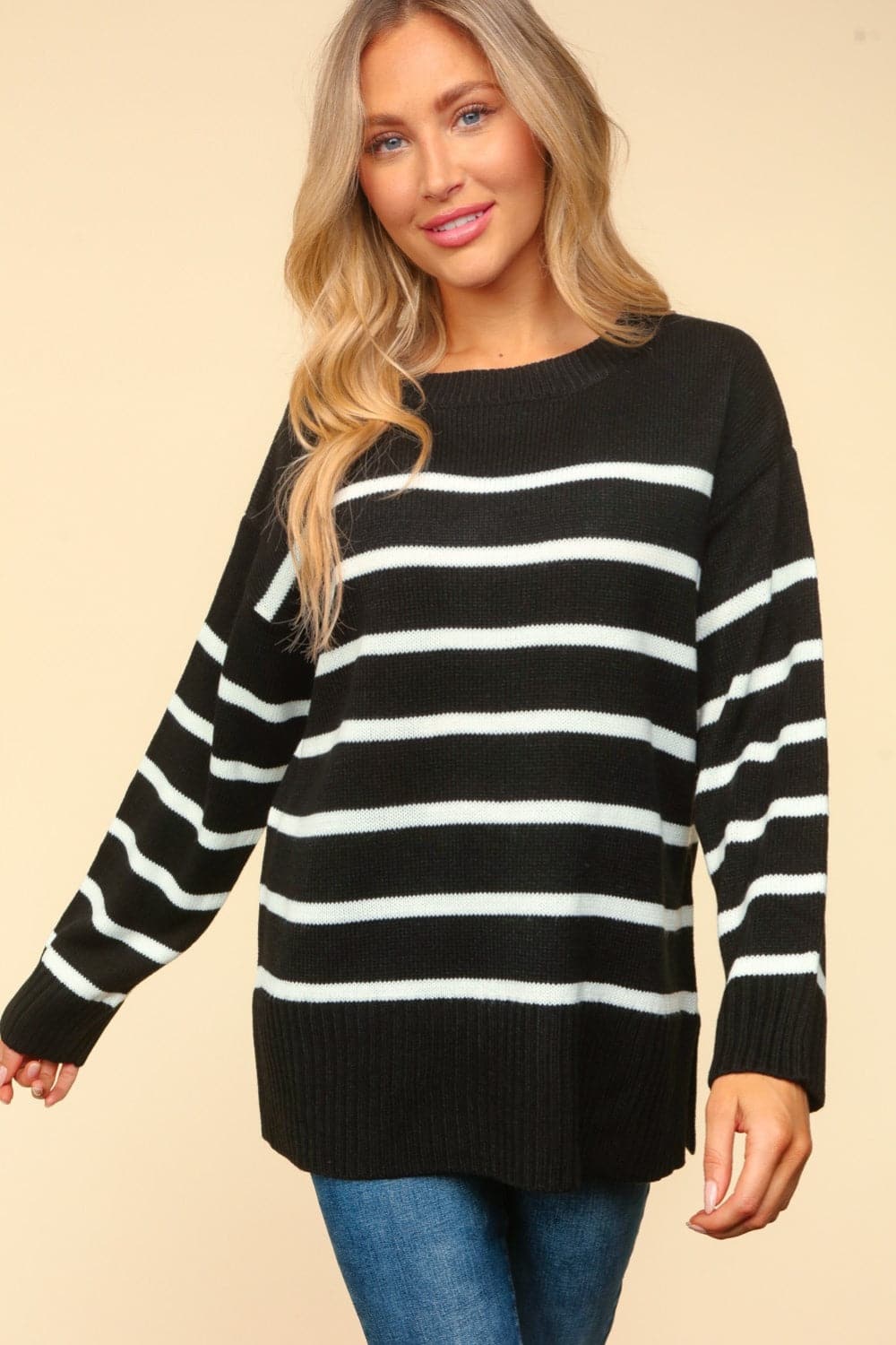 Modern Striped Side Slit Sweater