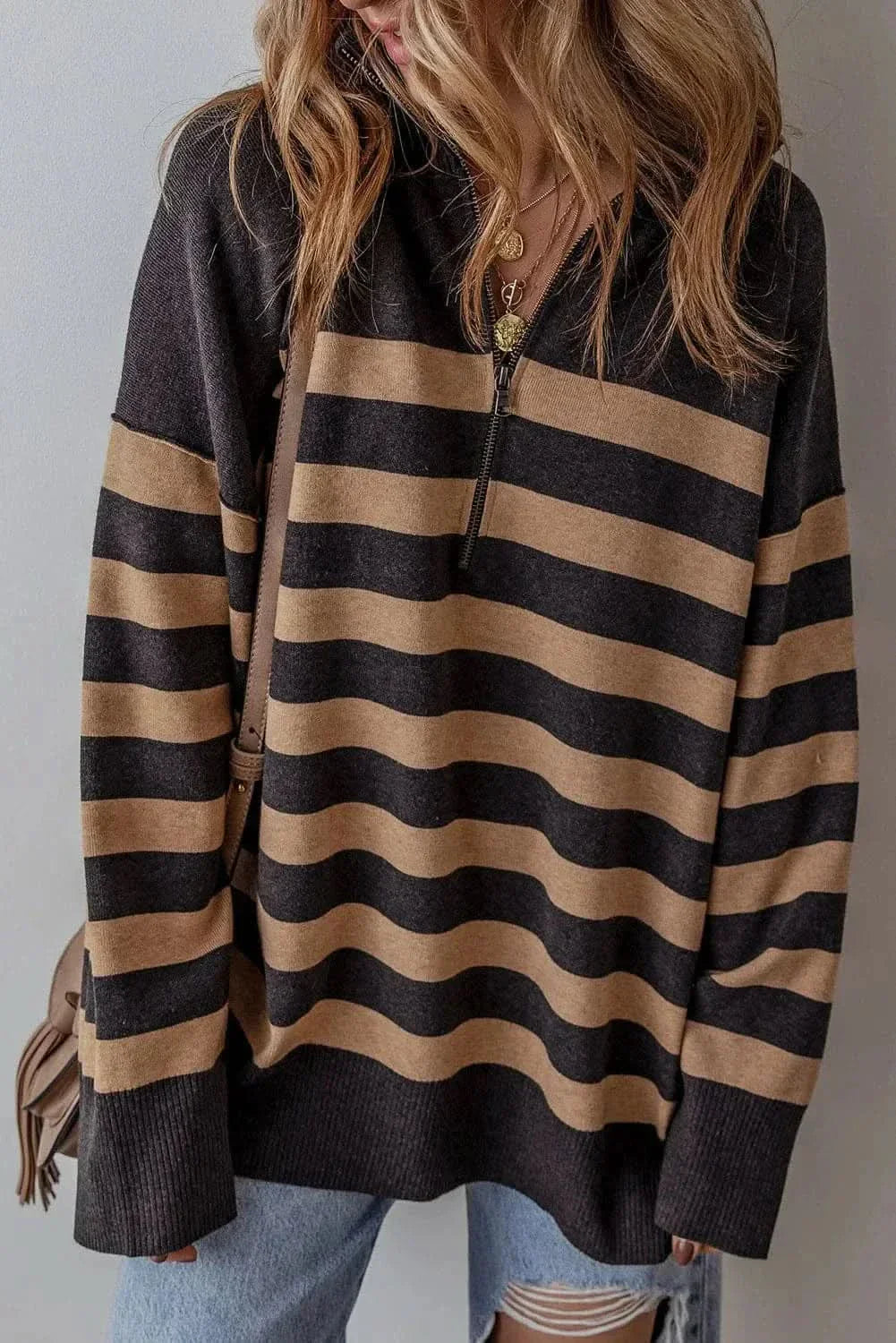 Chic striped half zip knit top