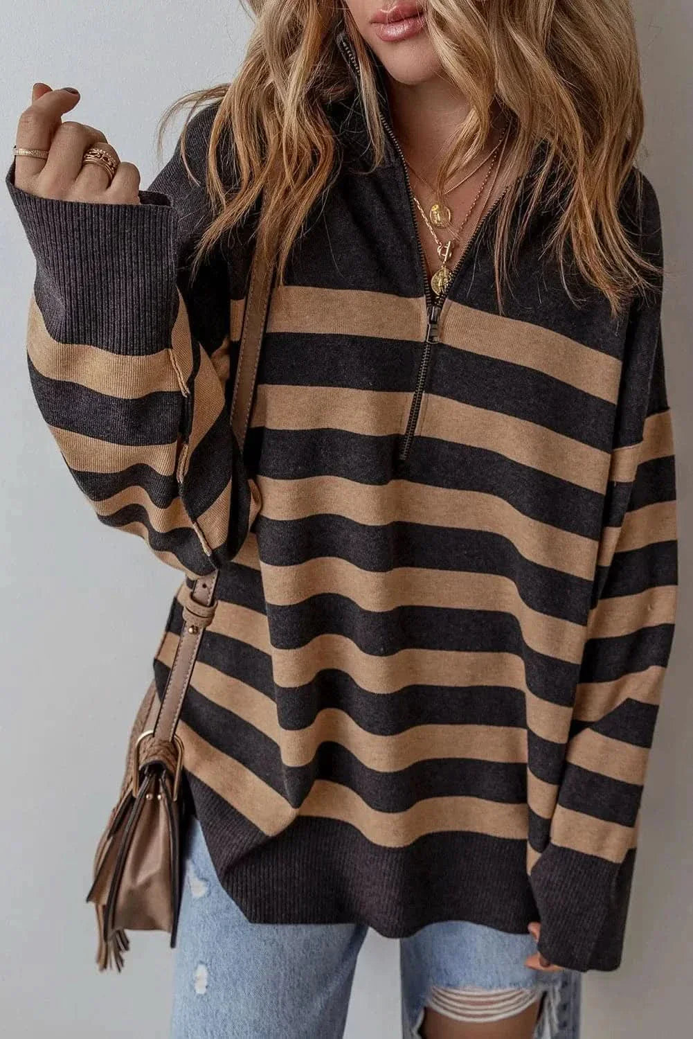 Chic striped half zip knit top