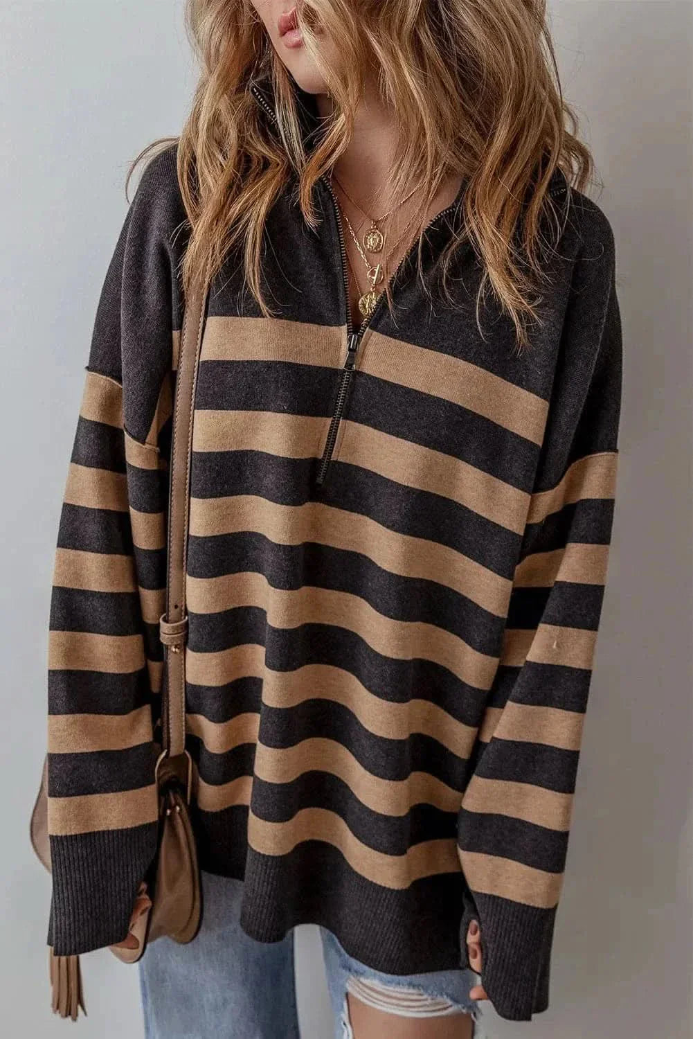 Chic striped half zip knit top