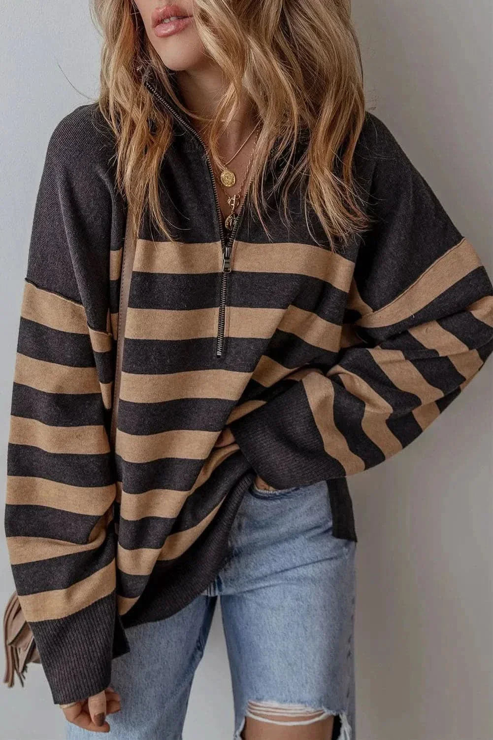 Chic striped half zip knit top