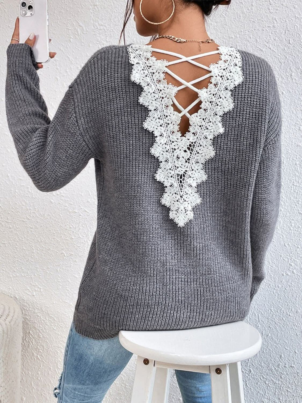 Lace crisscross v-neck sweater