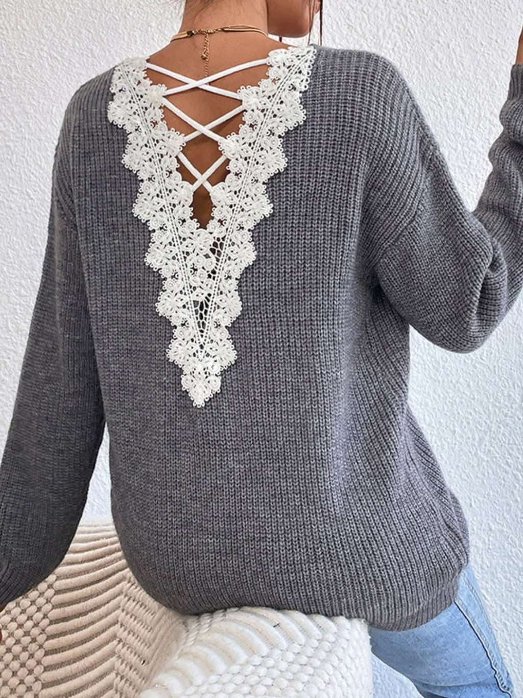 Lace crisscross v-neck sweater