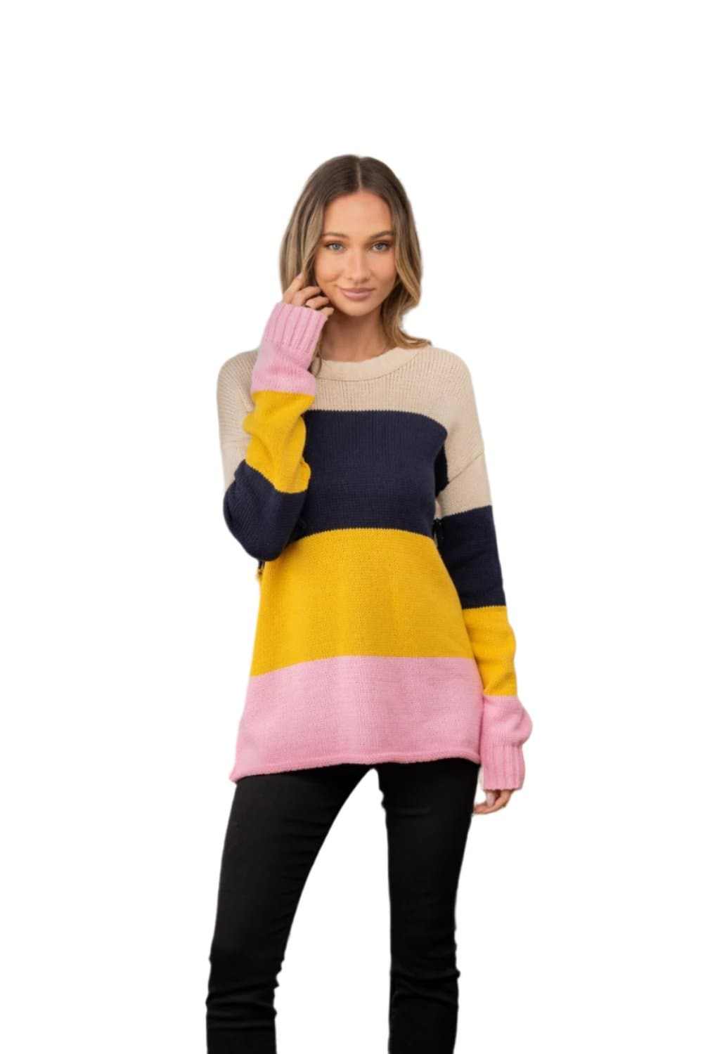 Sew In Love Full Size Color Block Exposed Seam Sweater