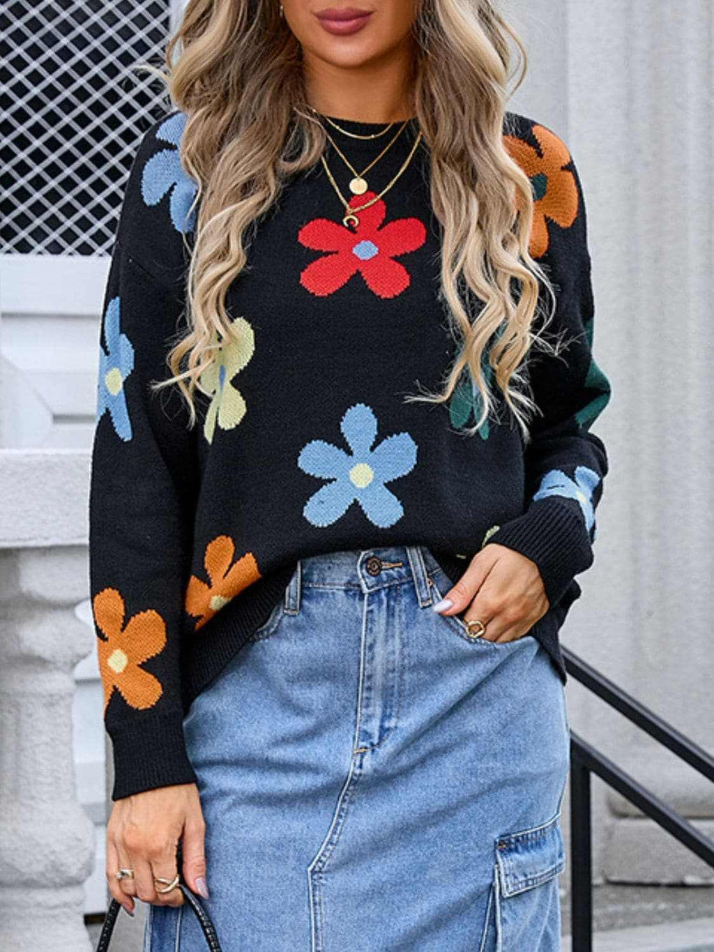 Floral Knit Sweater - Long Sleeve