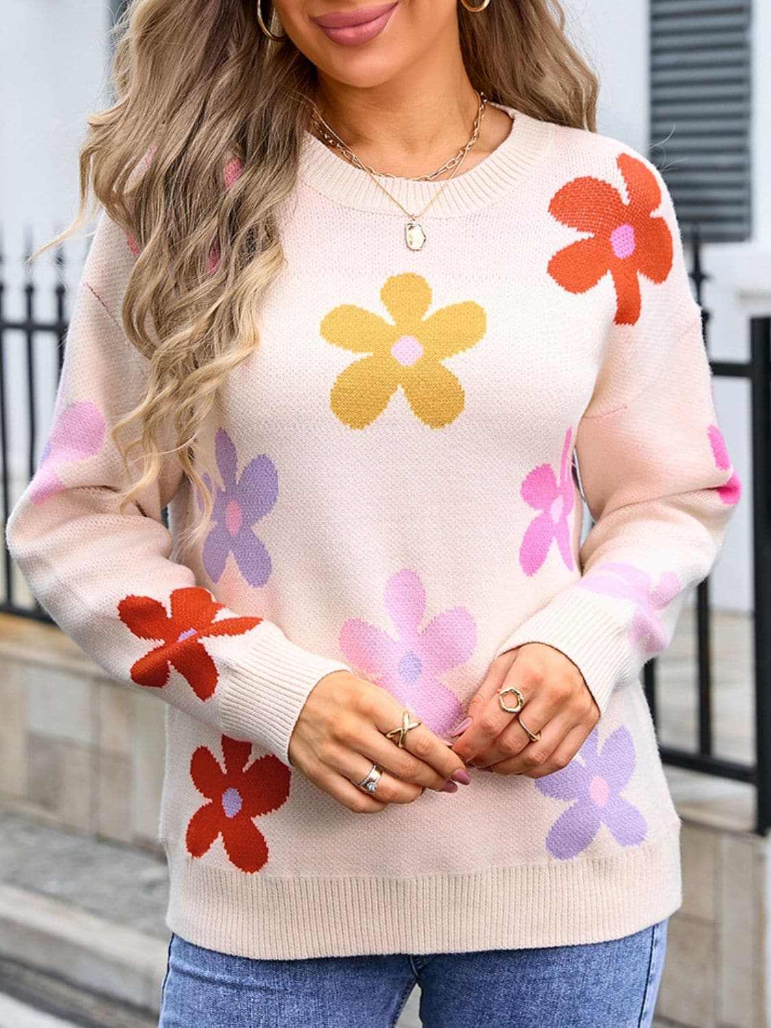 Floral Knit Sweater - Long Sleeve