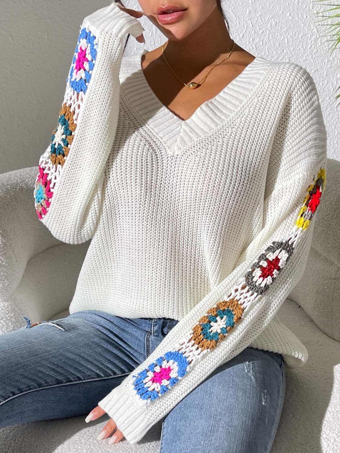 Floral V-neck crochet sweater