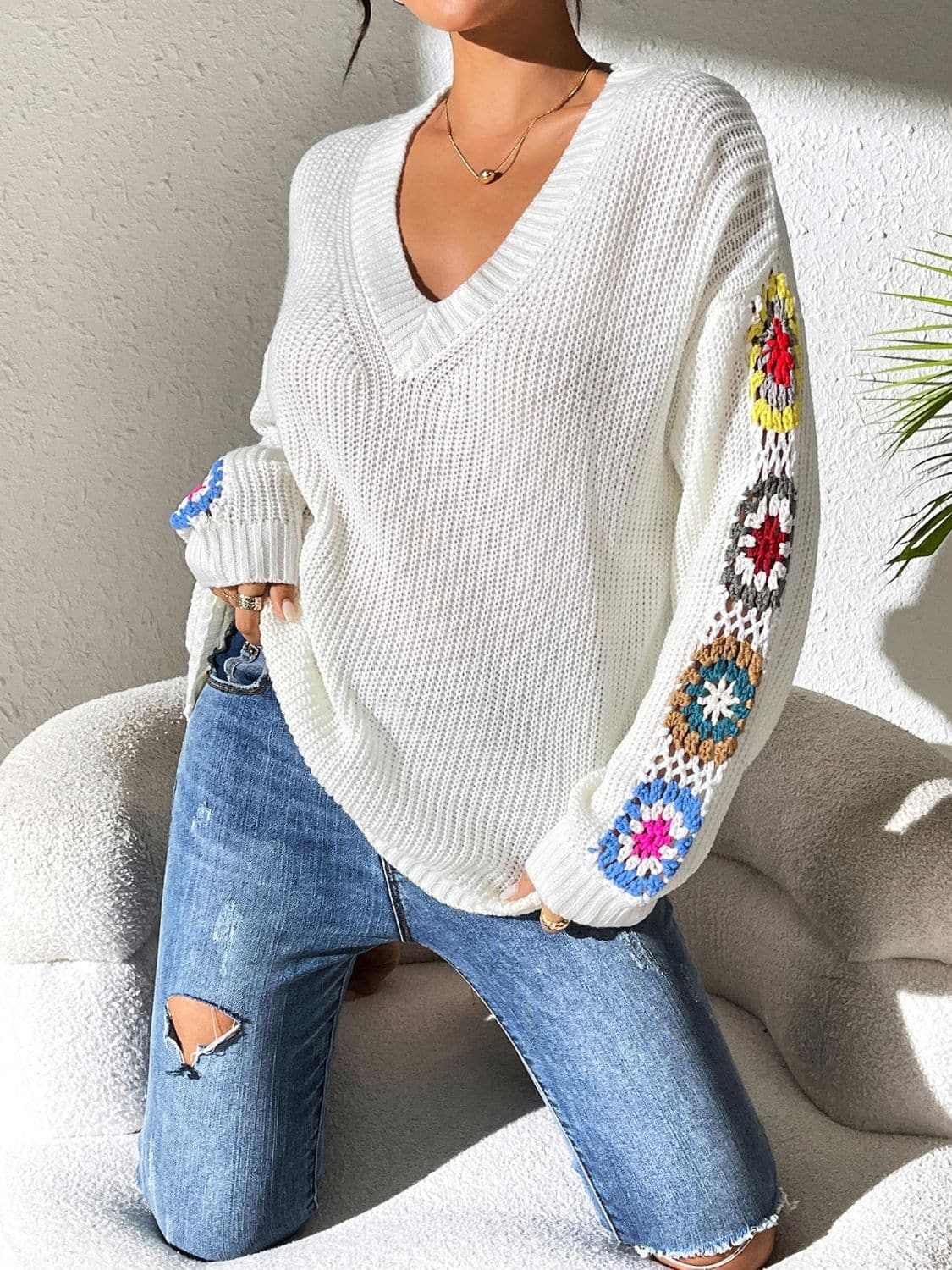 Floral V-neck crochet sweater