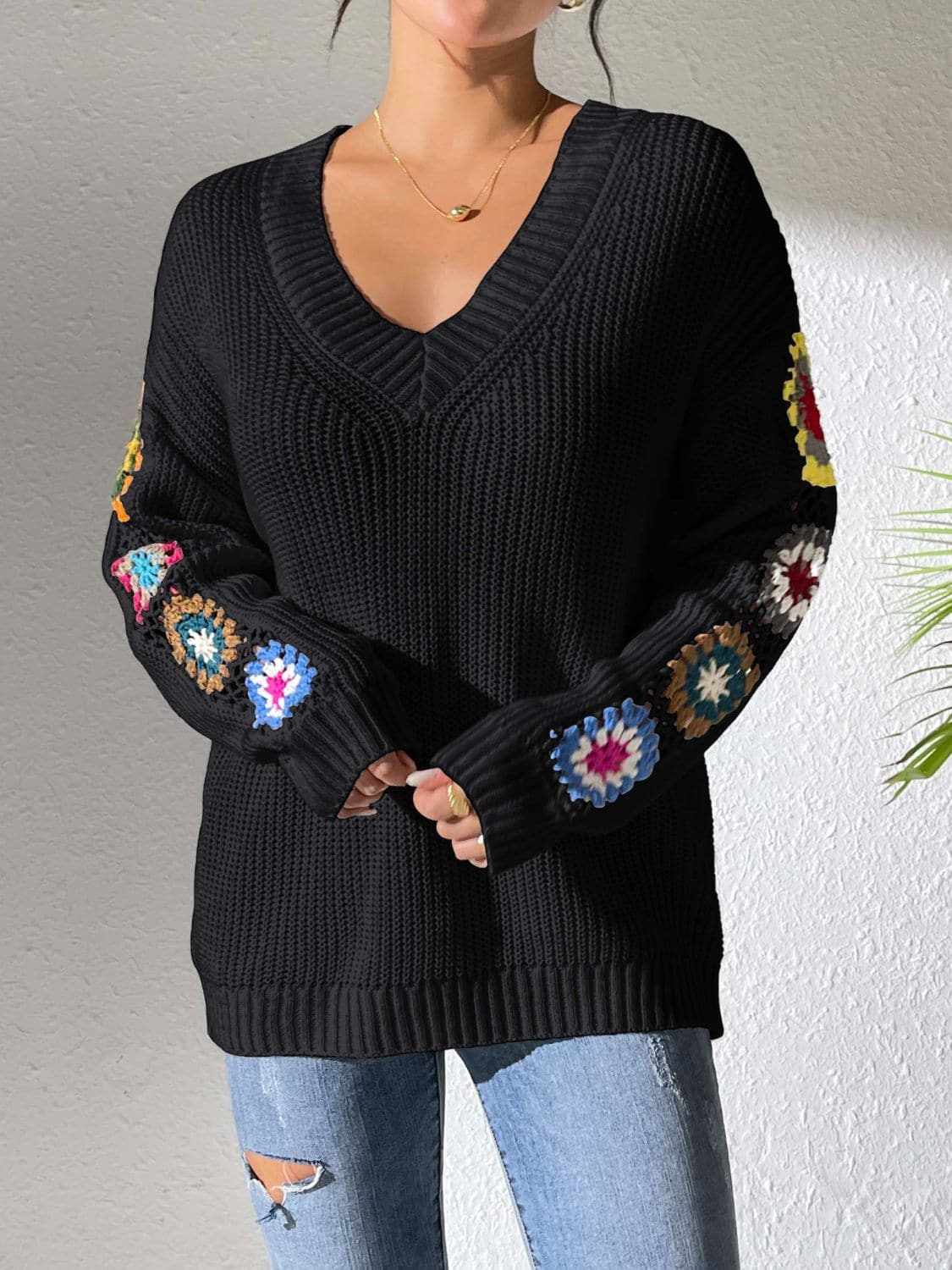 Floral V-neck crochet sweater