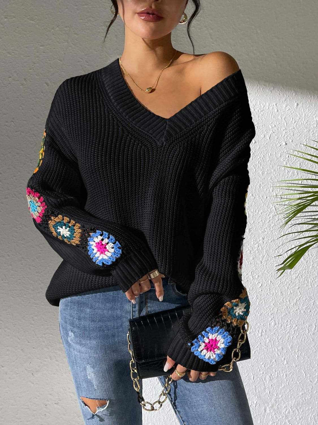 Floral V-neck crochet sweater