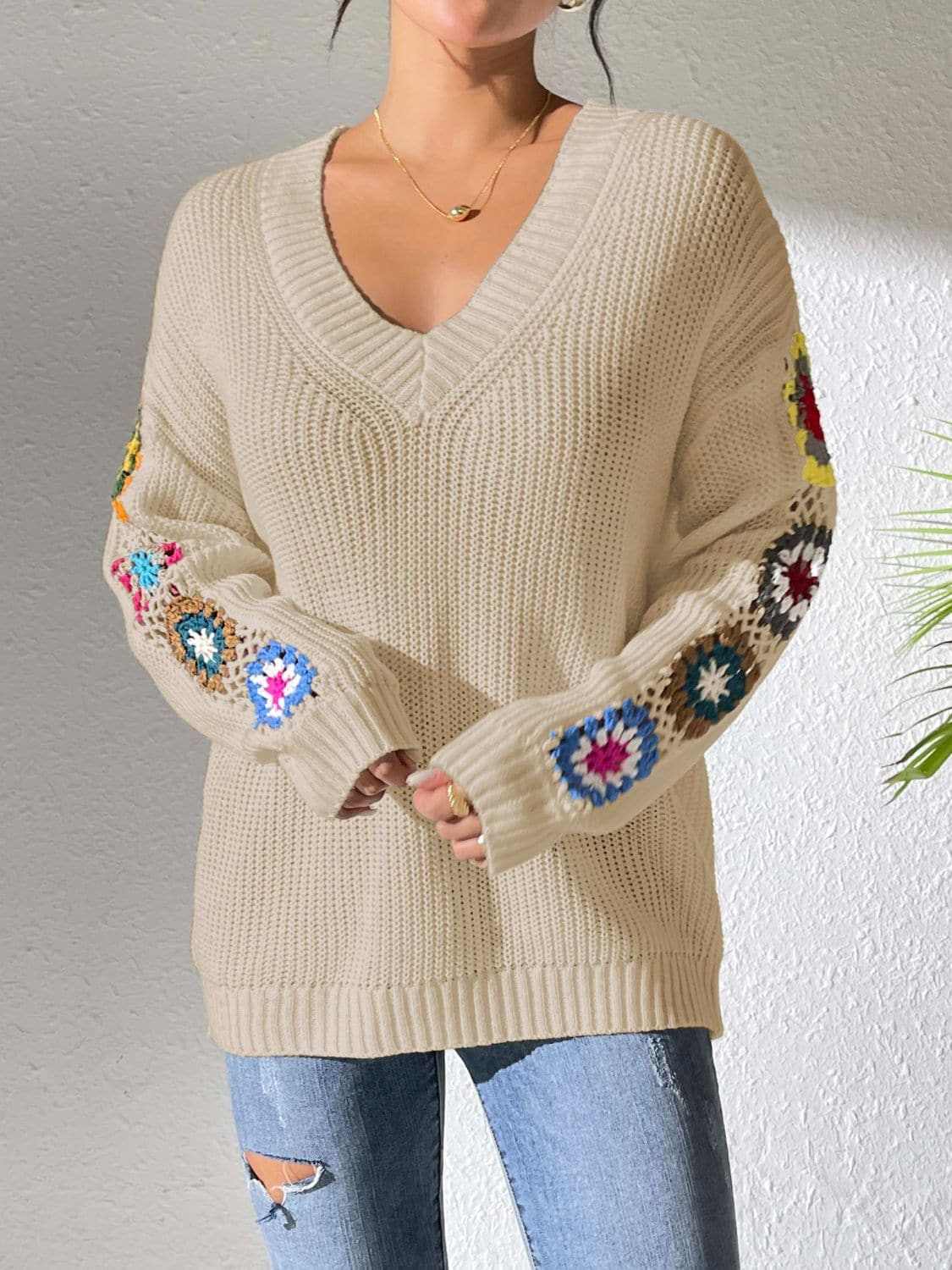 Floral V-neck crochet sweater