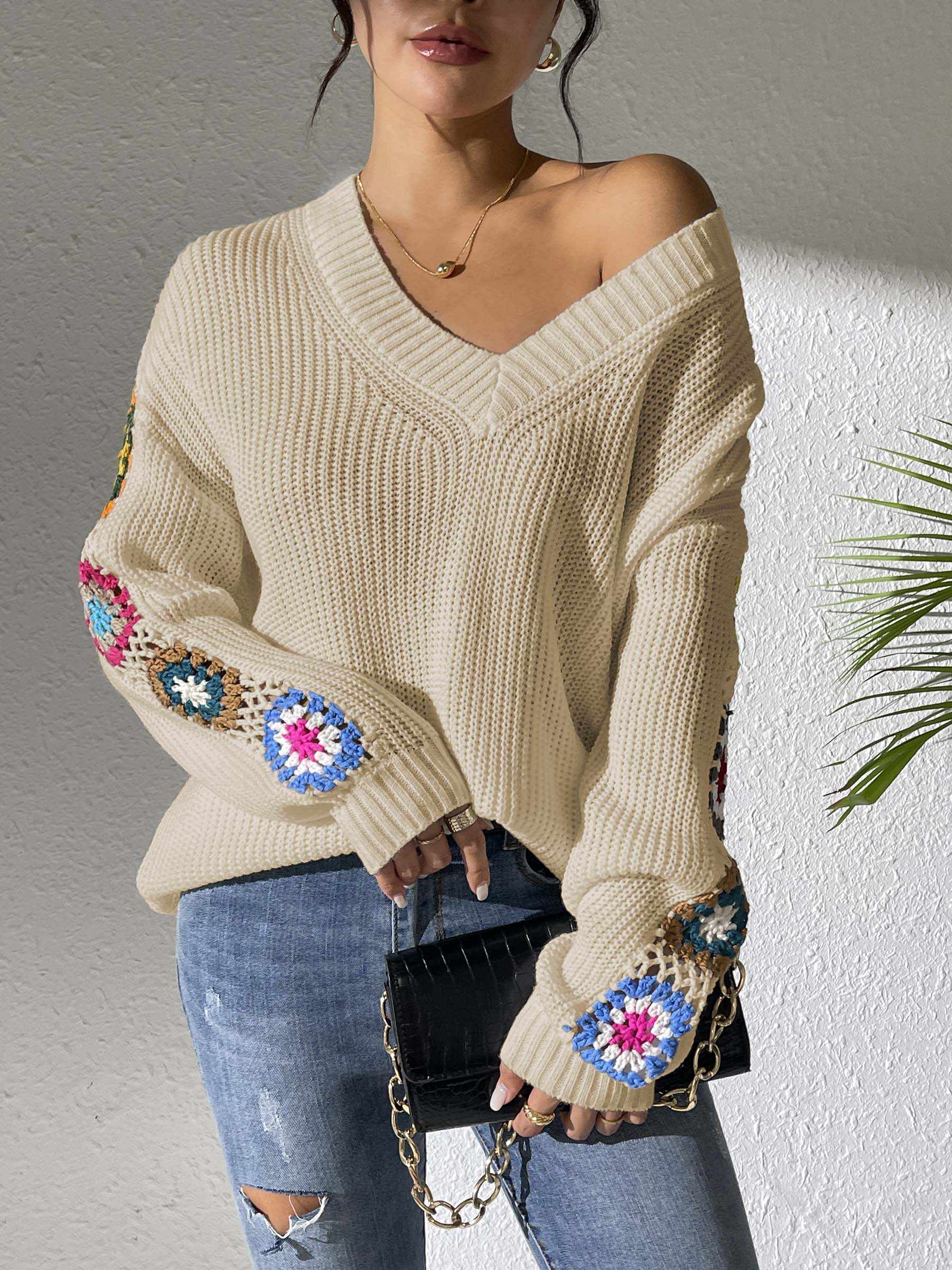 Floral V-neck crochet sweater