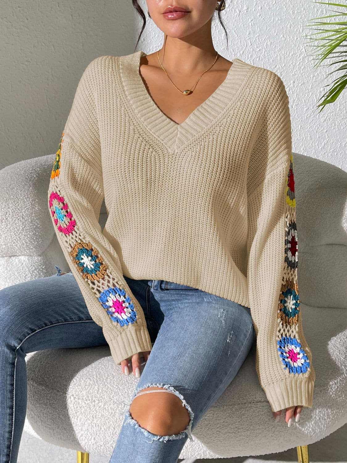 Floral V-neck crochet sweater