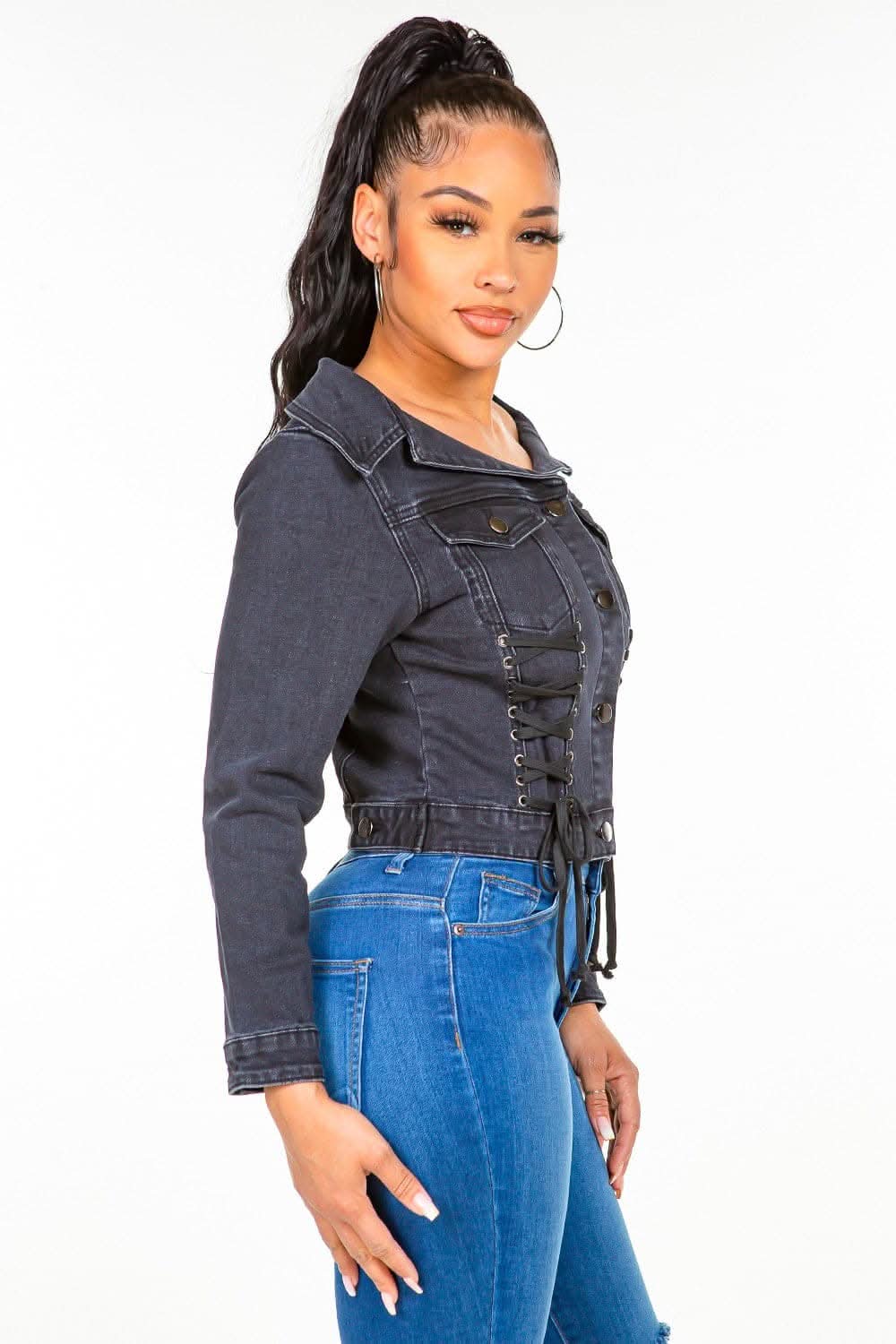 Chic off-shoulder lace-up denim jacket