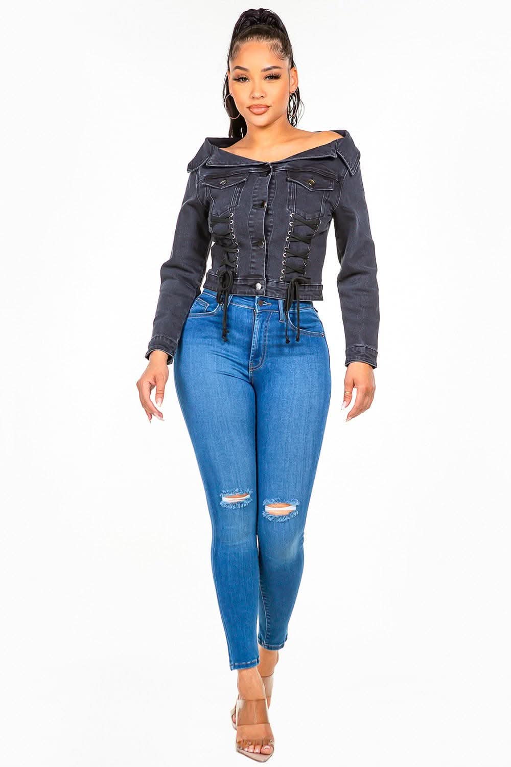 Chic off-shoulder lace-up denim jacket