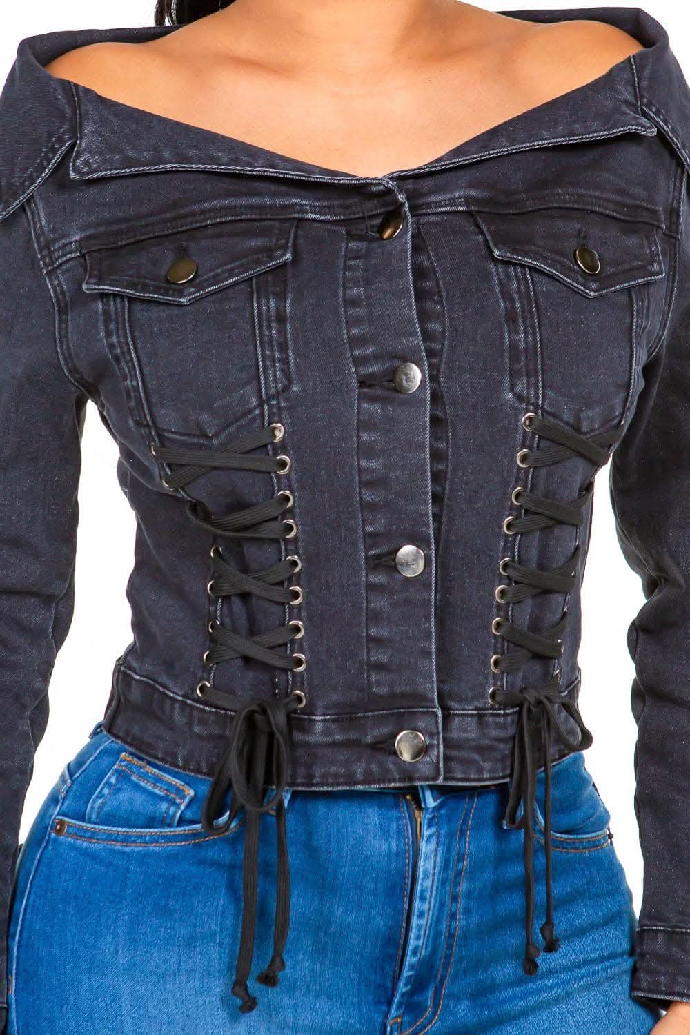 Chic off-shoulder lace-up denim jacket