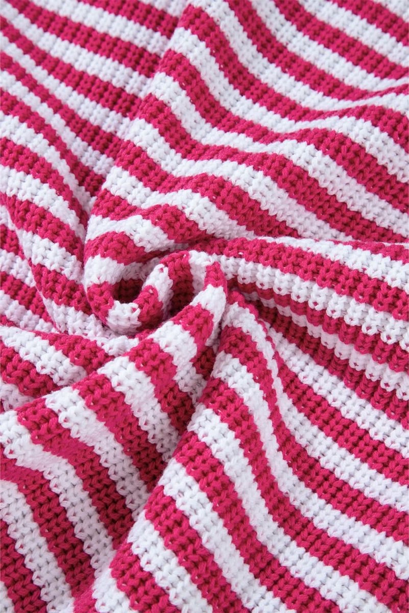 Trendy Pink Striped Zip-Up High Neck Sweater with Drop Shoulders