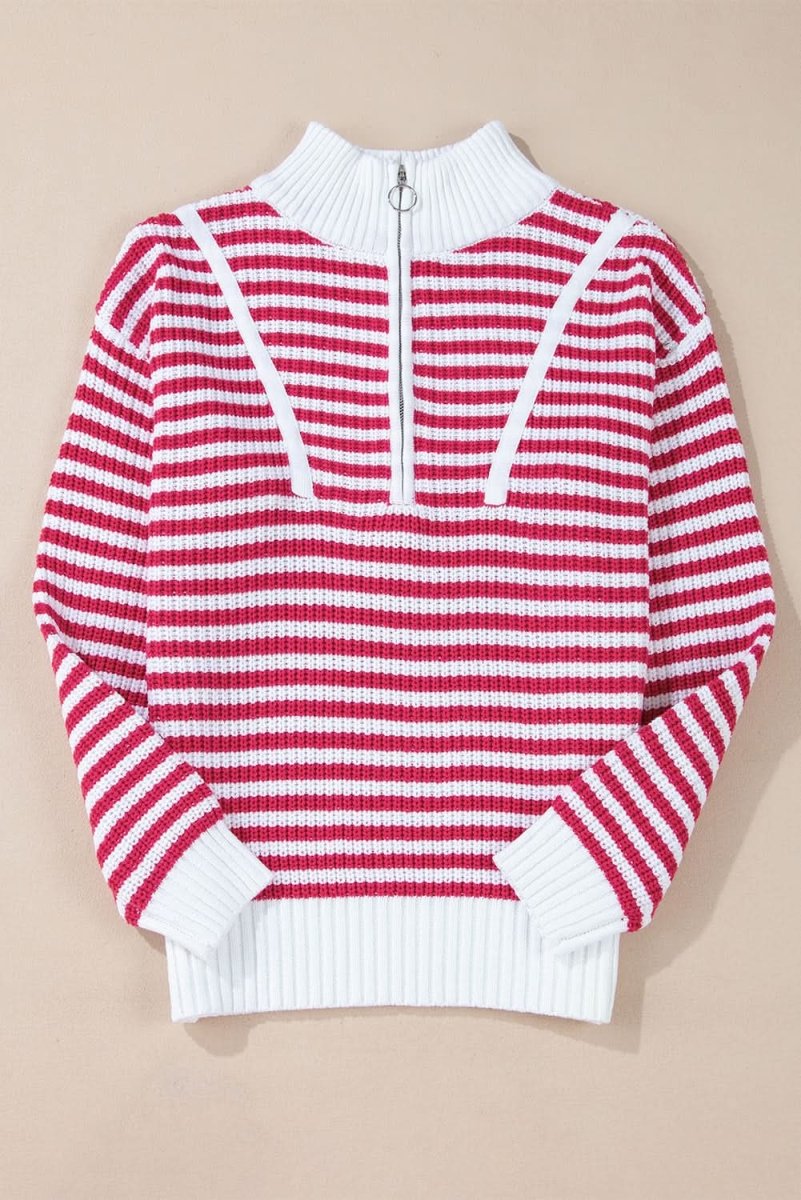 Trendy Pink Striped Zip-Up High Neck Sweater with Drop Shoulders